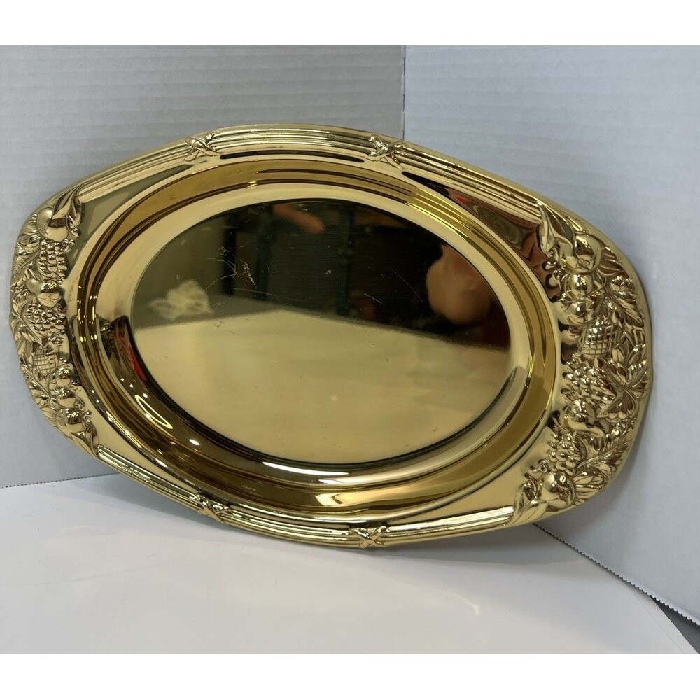 Vintage Brasscrafters Oval Solid Brass Gold Tray Ornate Embossed Fruit Design